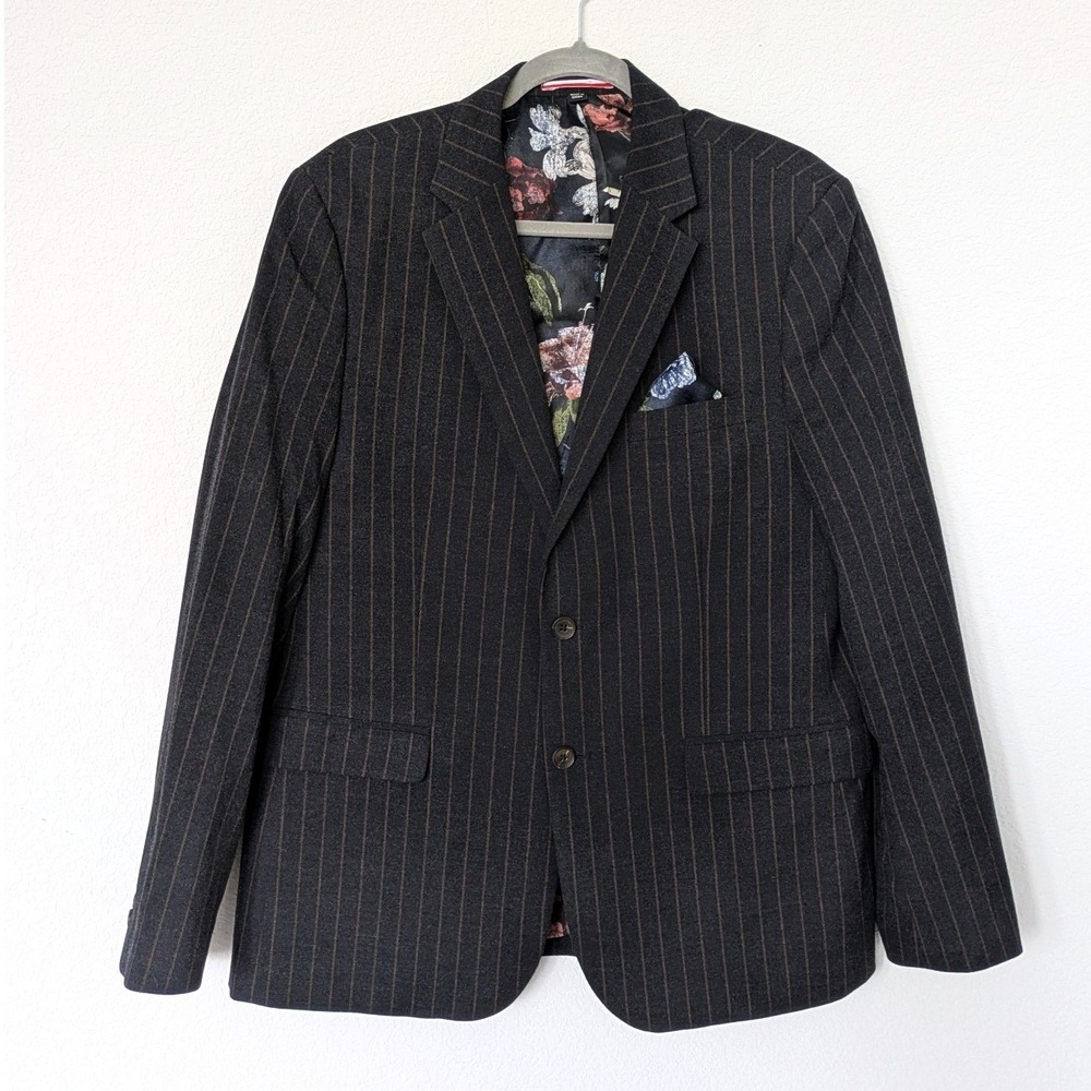 Soul of London Pinstripe Blazer Mens 44R Charcoal‎ Grey Floral Lining Two Button